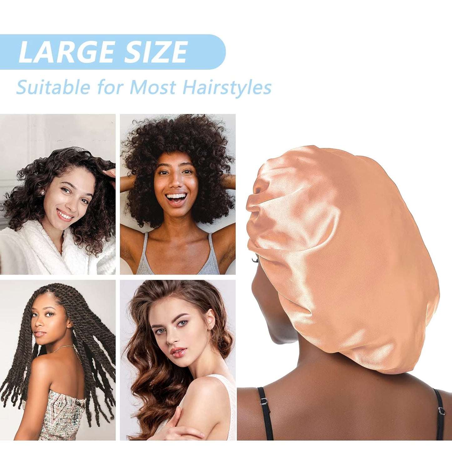 Shower Cap,4-Pack Large Shower Caps for Women Long Hair, Premium Soft Silky Satin Reusable Hair Cap for All Hair Lengths and Big Hairstyles
